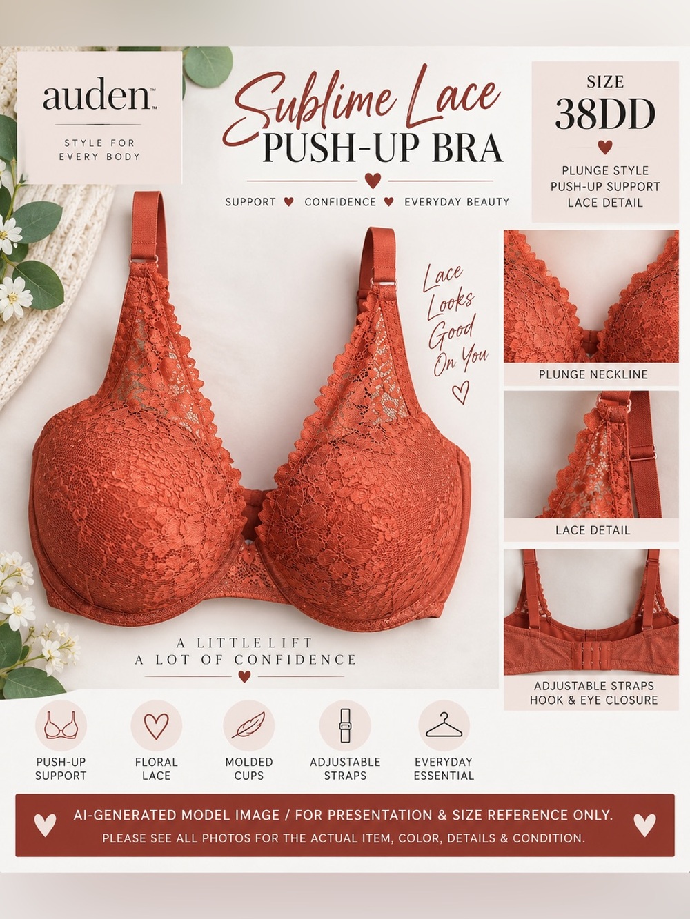 Auden Sublime Lace Plunge Push-Up Bra Rust 38DD